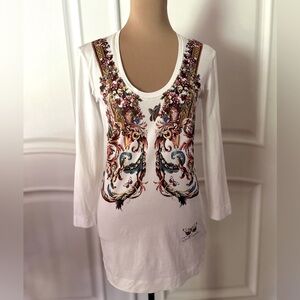 NEW JUST CAVALLI WOMEN LONG SLEEVE WHITE T SHIRT Butterfly/Floral Print Size L